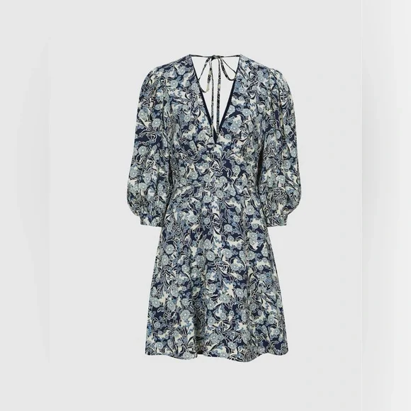 REISS Daisy Puff Sleeve Print Mini Dress in Blue Print Size 6 - Picture 2 of 10